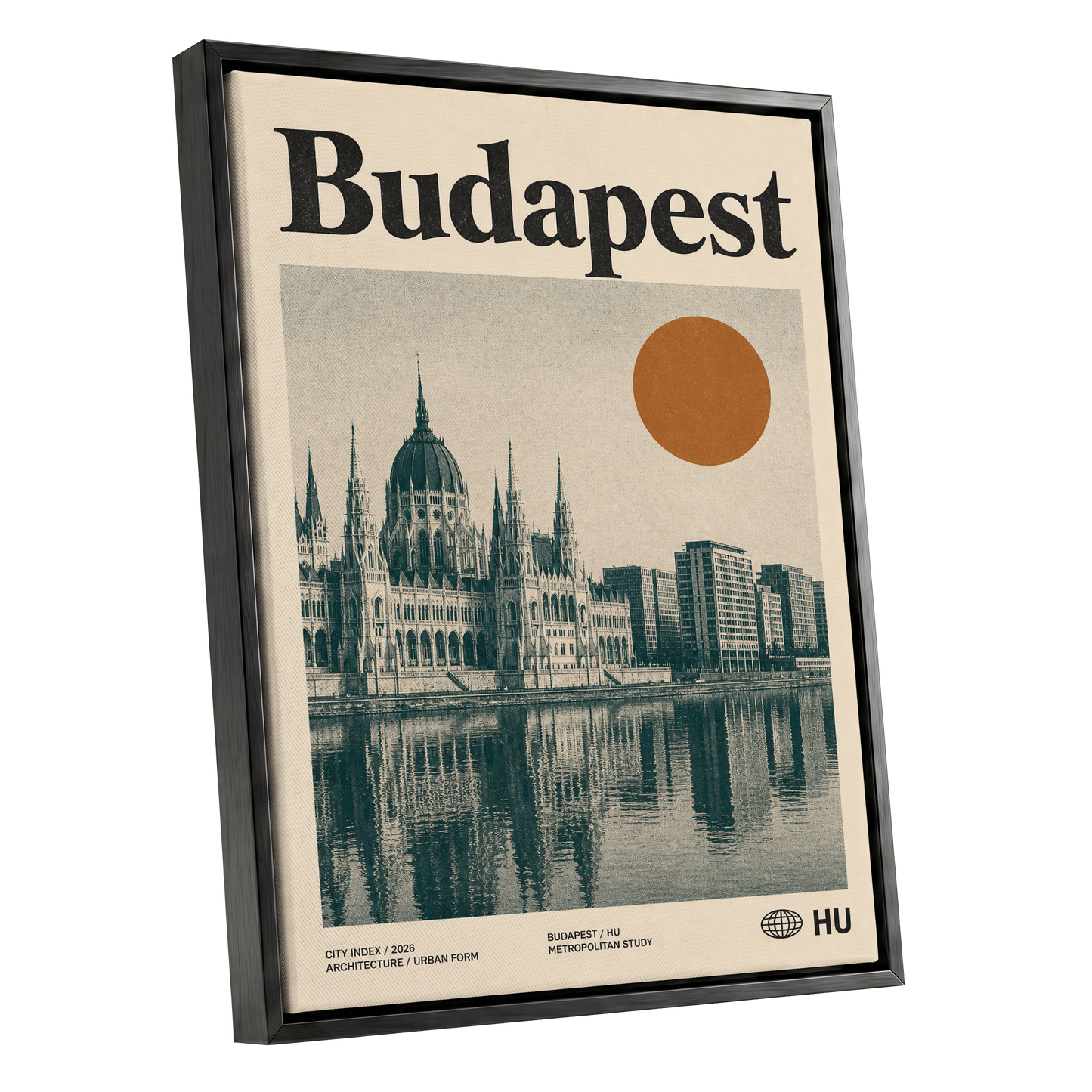 Budapest Amber Horizon, beige, green, orange minimalist wall art shown as a black framed canvas wall art