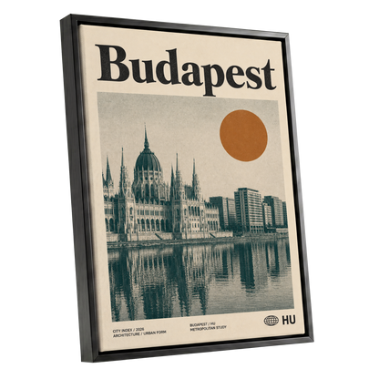 Budapest Amber Horizon, beige, green, orange minimalist wall art shown as a black framed canvas wall art