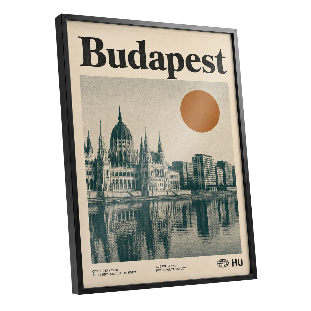 Budapest Amber Horizon, beige, green, orange minimalist wall art shown as a black framed poster wall art print