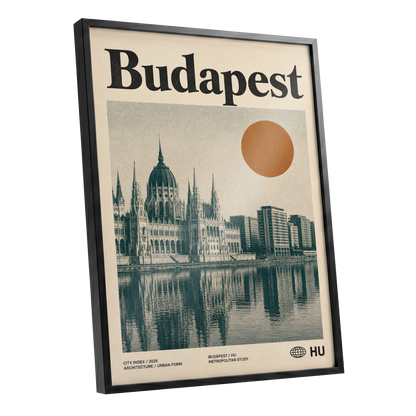 Budapest Amber Horizon, beige, green, orange minimalist wall art shown as a black framed poster wall art print