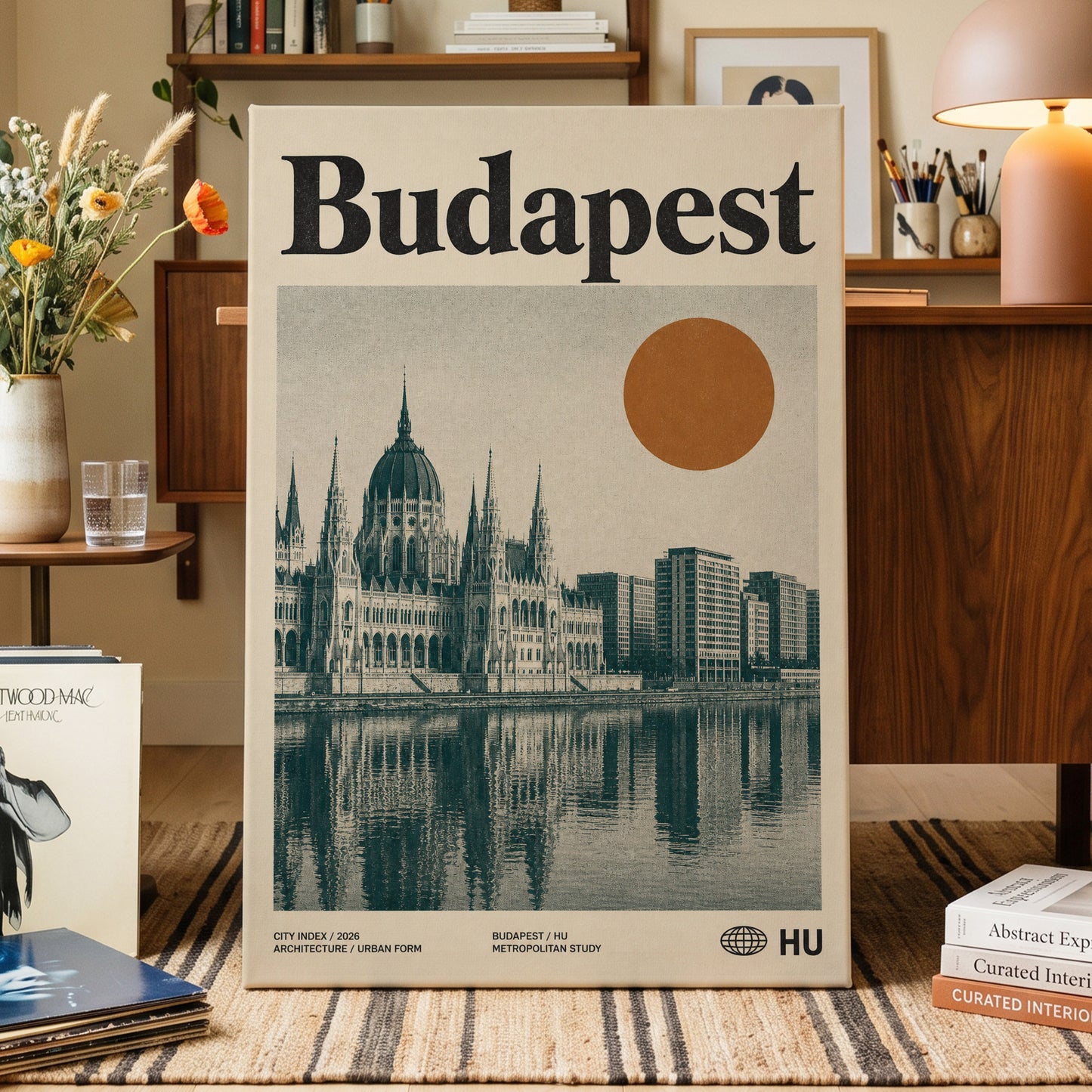 Budapest Amber Horizon, beige, green, orange minimalist wall art on canvas displayed in a styled interior, gallery view 1