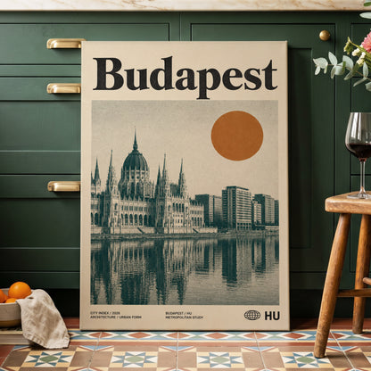 Budapest Amber Horizon, beige, green, orange minimalist wall art on canvas displayed in a styled interior, gallery view 2