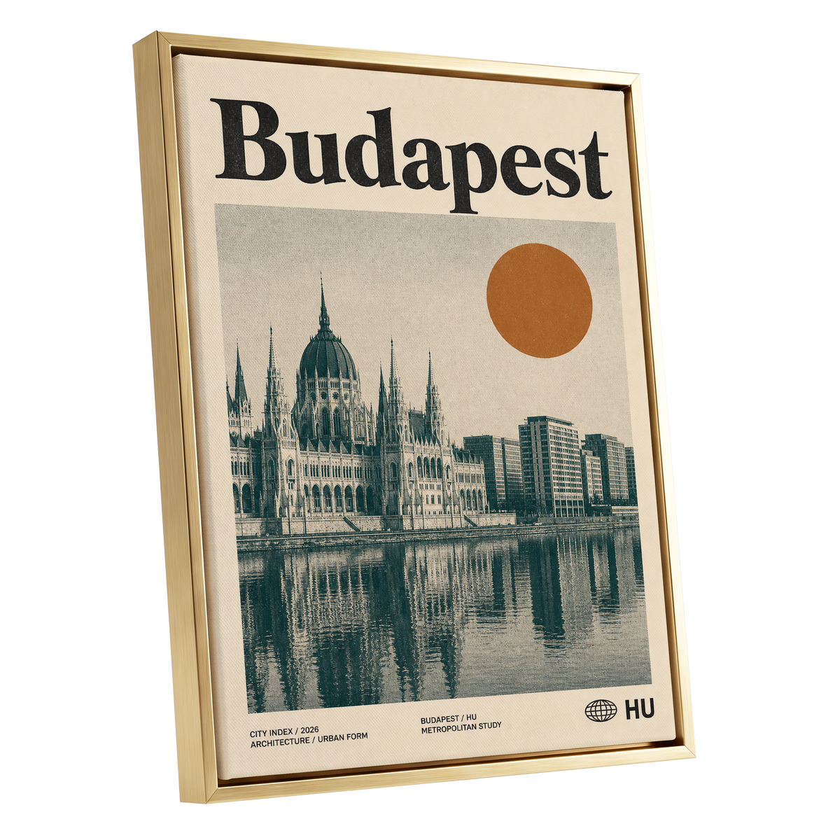Budapest Amber Horizon, beige, green, orange minimalist wall art shown as a gold framed canvas wall art