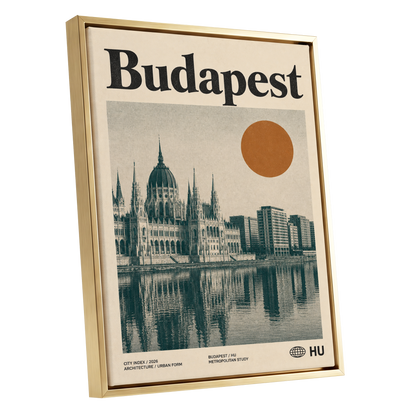 Budapest Amber Horizon, beige, green, orange minimalist wall art shown as a gold framed canvas wall art