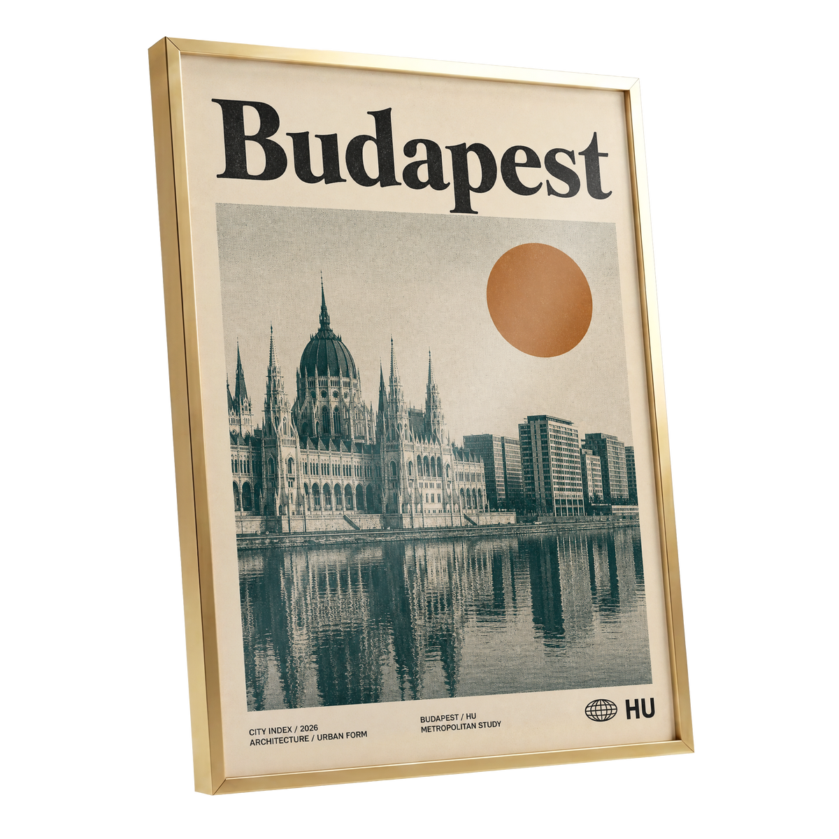 Budapest Amber Horizon, beige, green, orange minimalist wall art shown as a gold framed poster wall art print