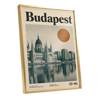 Budapest Amber Horizon, beige, green, orange minimalist wall art shown as a gold framed poster wall art print