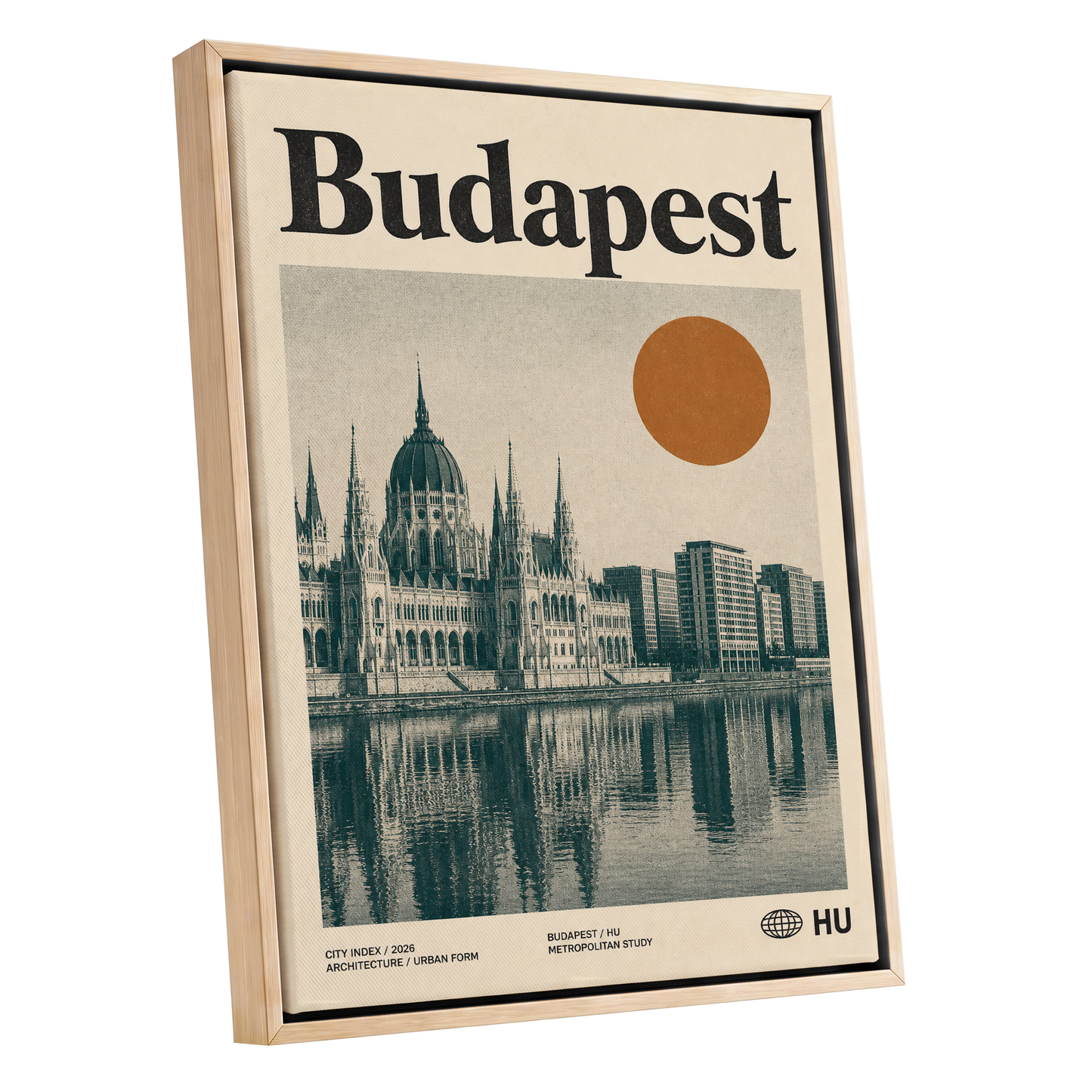 Budapest Amber Horizon, beige, green, orange minimalist wall art shown as a oak framed canvas wall art