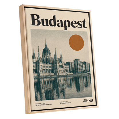 Budapest Amber Horizon, beige, green, orange minimalist wall art shown as a oak framed canvas wall art