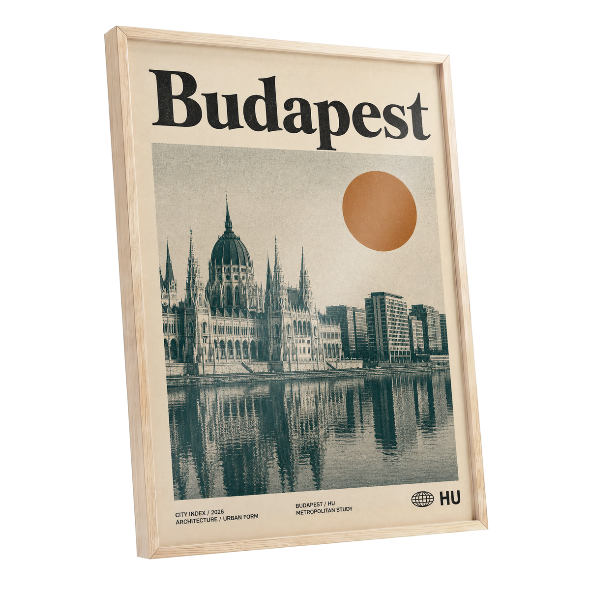 Budapest Amber Horizon, beige, green, orange minimalist wall art shown as a oak framed poster wall art print
