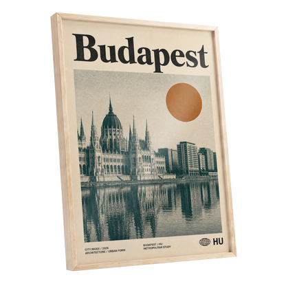 Budapest Amber Horizon, beige, green, orange minimalist wall art shown as a oak framed poster wall art print