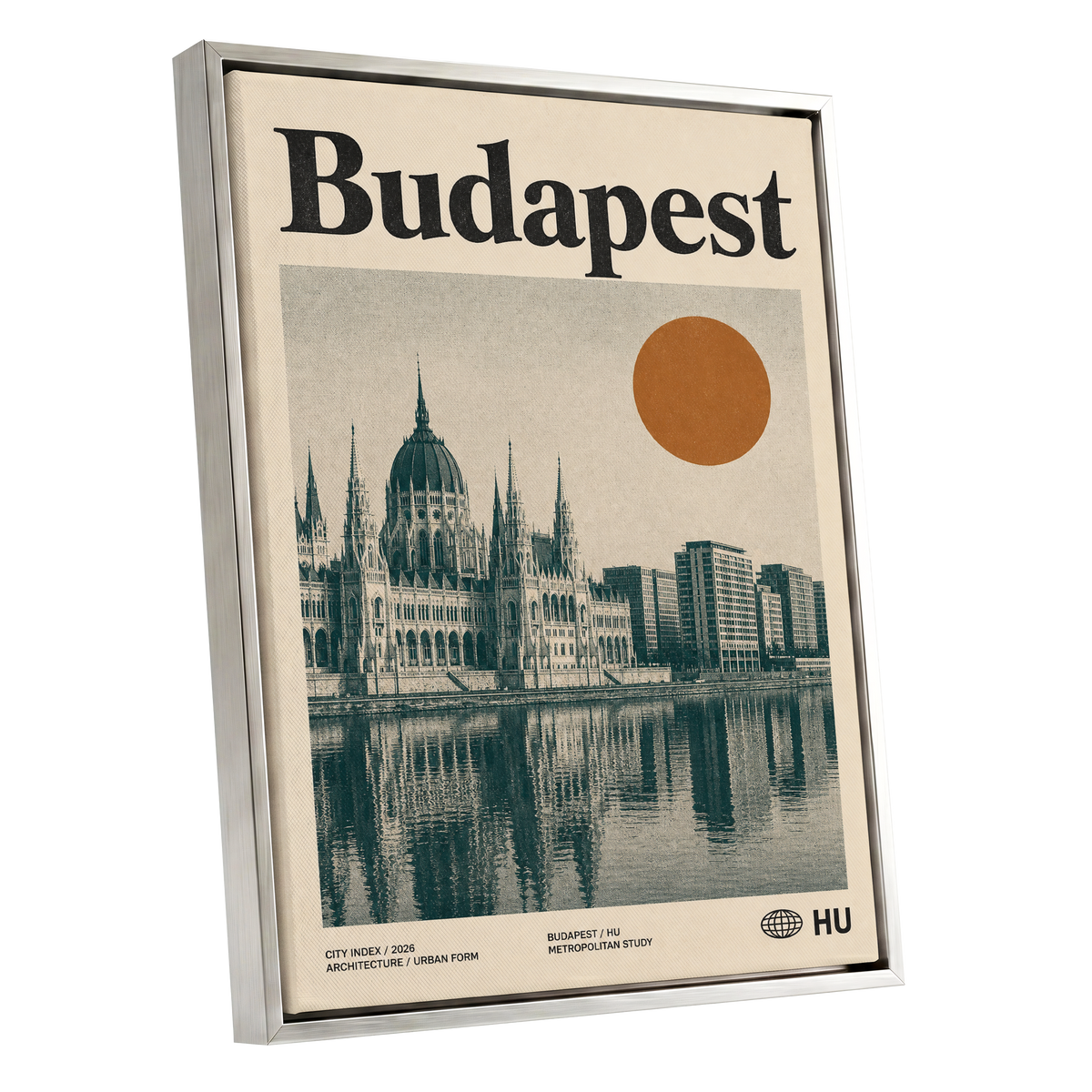 Budapest Amber Horizon, beige, green, orange minimalist wall art shown as a silver framed canvas wall art