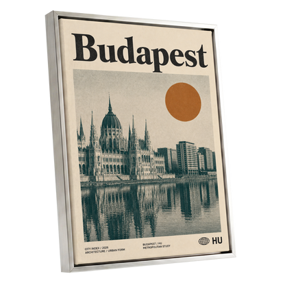 Budapest Amber Horizon, beige, green, orange minimalist wall art shown as a silver framed canvas wall art