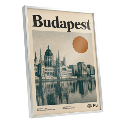 Budapest Amber Horizon, beige, green, orange minimalist wall art shown as a silver framed poster wall art print