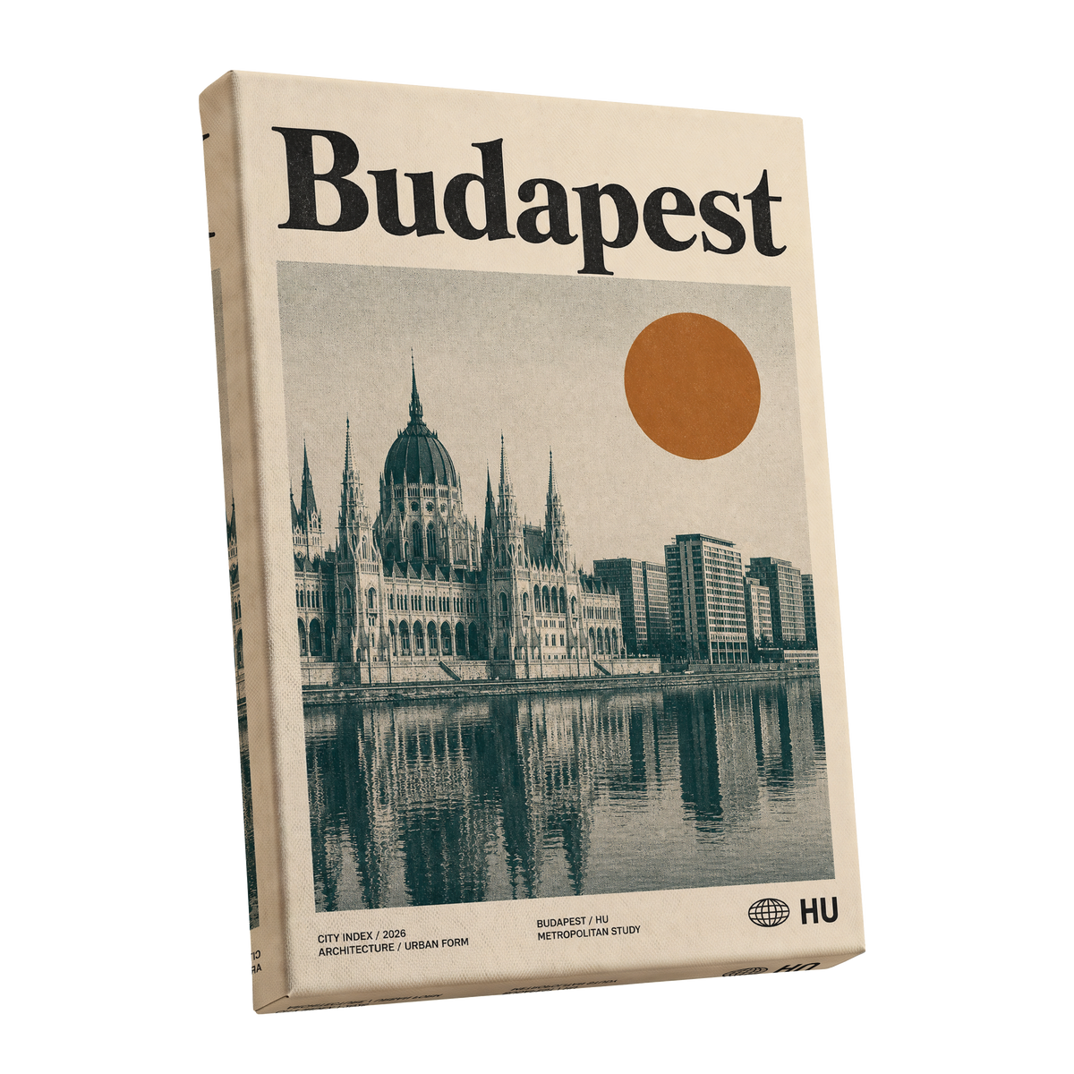 Budapest Amber Horizon, beige, green, orange minimalist wall art shown as a stretched canvas wall art