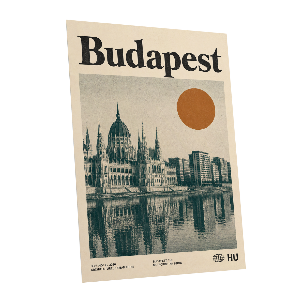 Budapest Amber Horizon, beige, green, orange minimalist wall art shown as a unframed poster wall art print