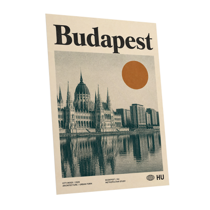 Budapest Amber Horizon, beige, green, orange minimalist wall art shown as a unframed poster wall art print