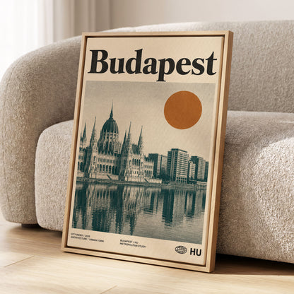 Budapest Amber Horizon, beige, green, orange minimalist wall art displayed in a styled interior, gallery view 1