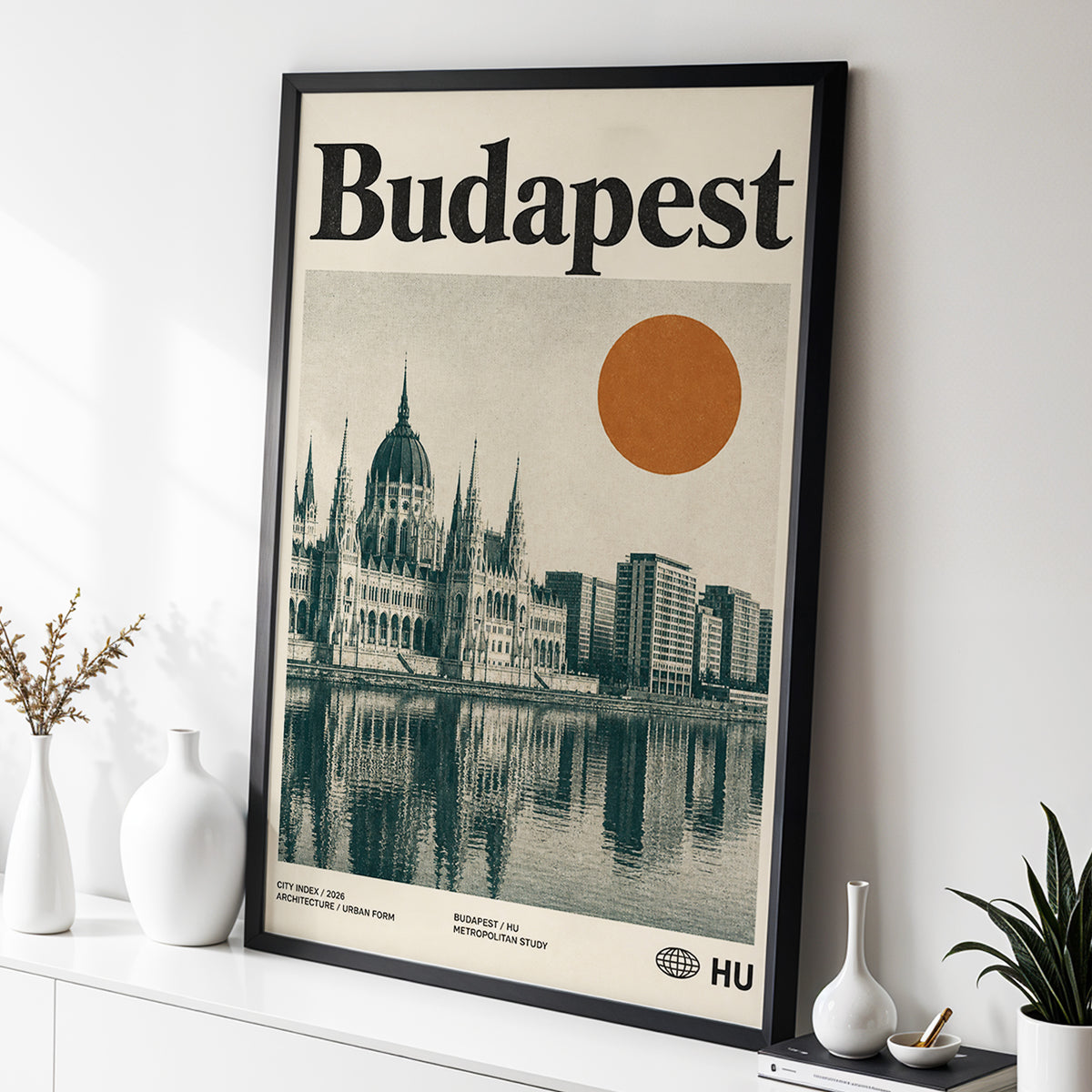 Budapest Amber Horizon, beige, green, orange minimalist wall art displayed in a styled interior, gallery view 2