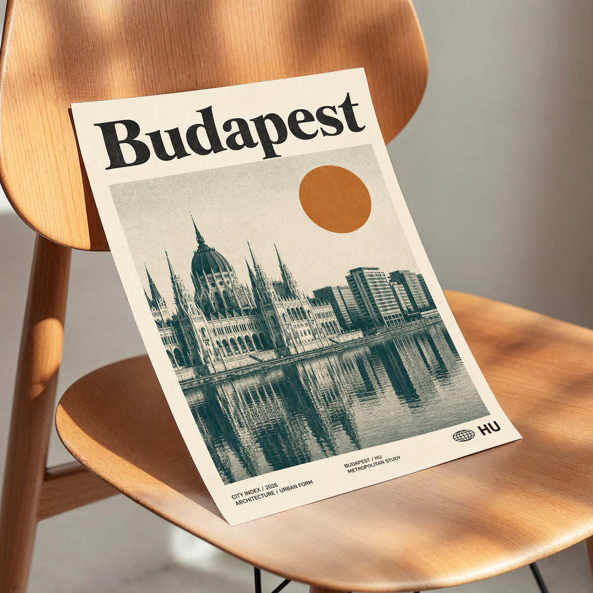 Budapest Amber Horizon, beige, green, orange minimalist wall art displayed in a styled interior, gallery view 3