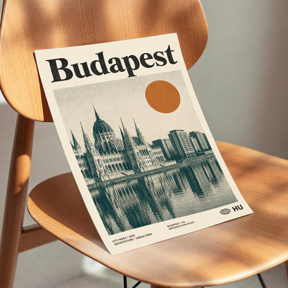 Budapest Amber Horizon, beige, green, orange minimalist wall art displayed in a styled interior, gallery view 3