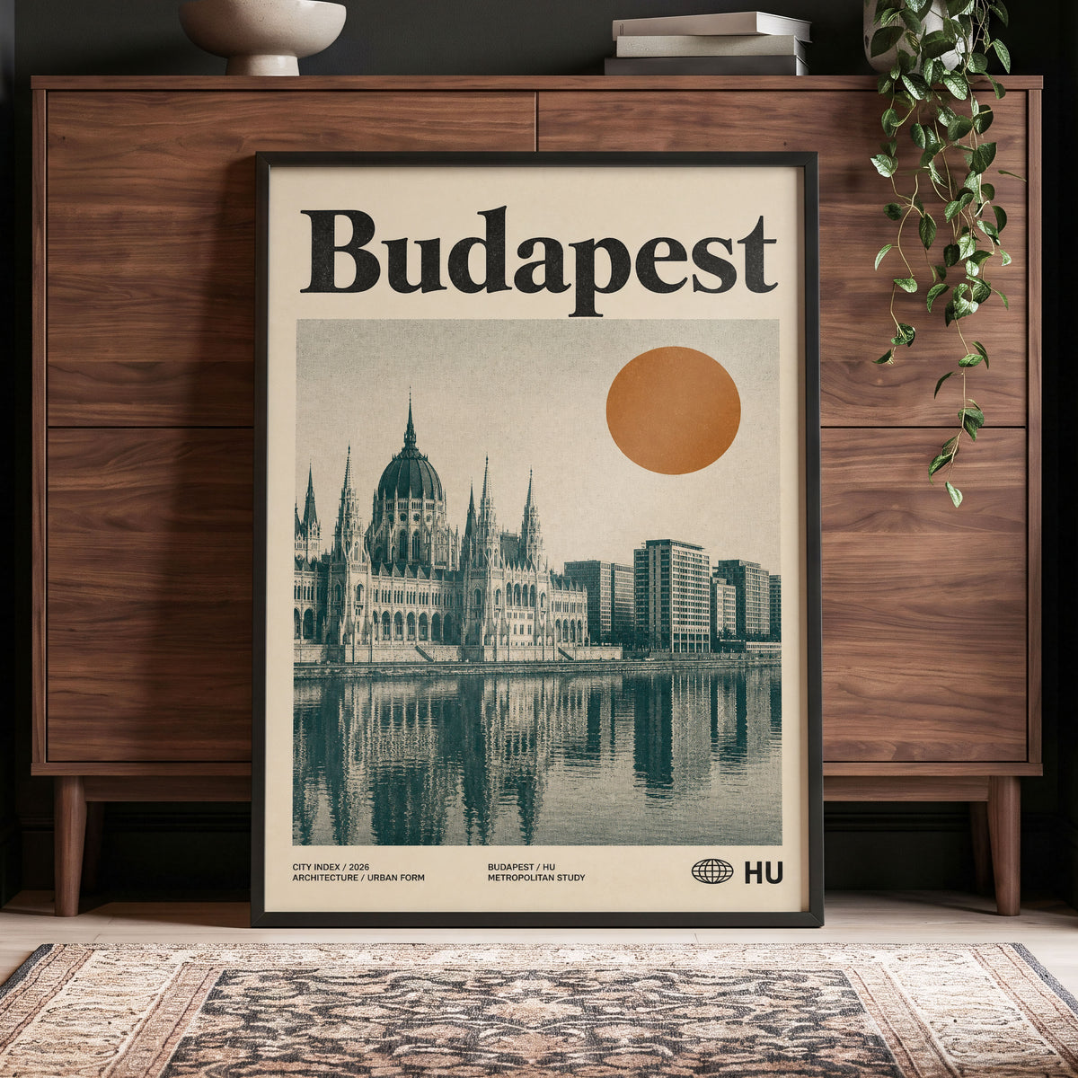 Budapest Amber Horizon, beige, green, orange minimalist wall art displayed in a styled interior, gallery view 4