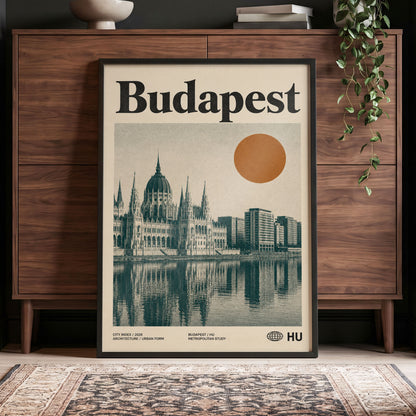 Budapest Amber Horizon, beige, green, orange minimalist wall art displayed in a styled interior, gallery view 4