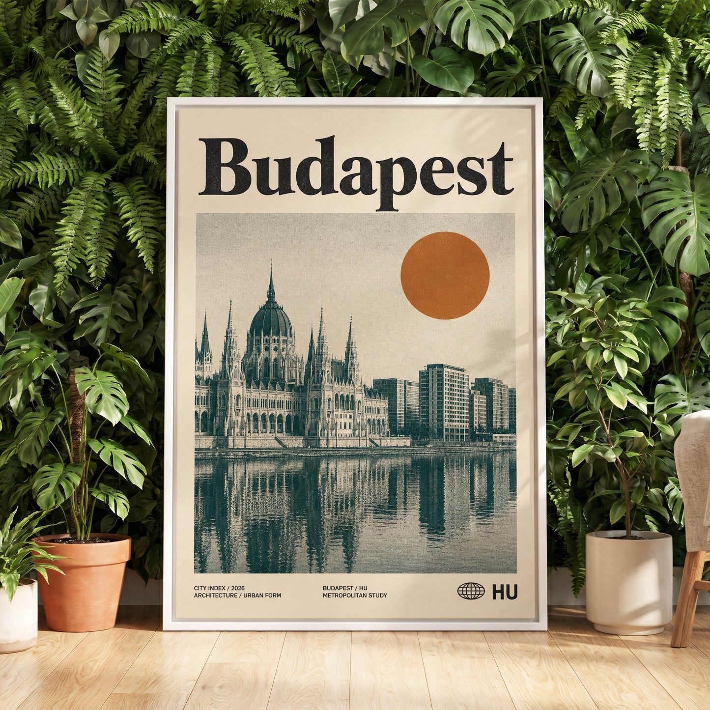 Budapest Amber Horizon, beige, green, orange minimalist wall art displayed in a styled interior, gallery view 5