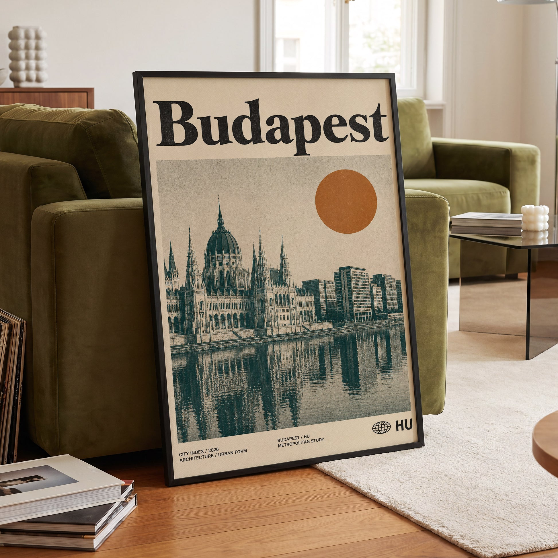 Budapest Amber Horizon, beige, green, orange minimalist wall art displayed in a styled interior, gallery view 6