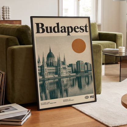 Budapest Amber Horizon, beige, green, orange minimalist wall art displayed in a styled interior, gallery view 6