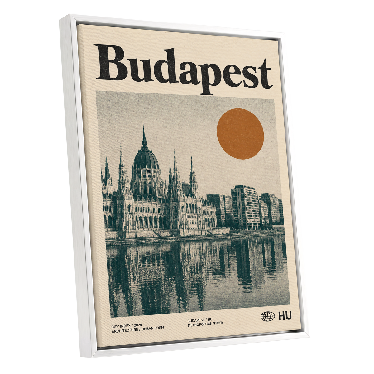 Budapest Amber Horizon, beige, green, orange minimalist wall art shown as a white framed canvas wall art