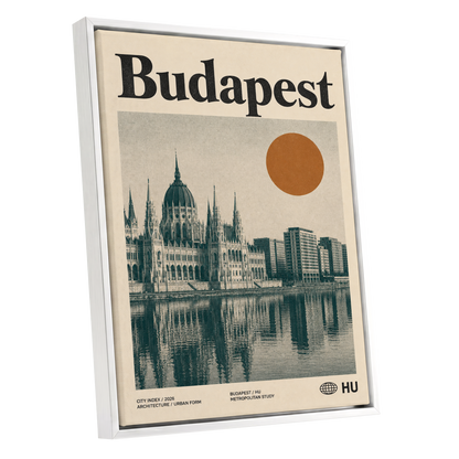 Budapest Amber Horizon, beige, green, orange minimalist wall art shown as a white framed canvas wall art