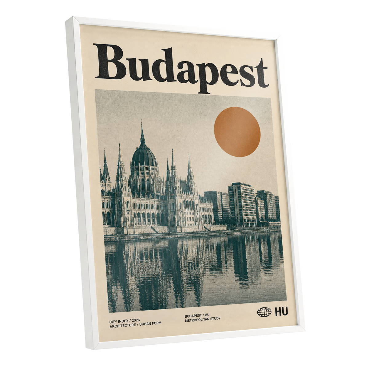 Budapest Amber Horizon, beige, green, orange minimalist wall art shown as a white framed poster wall art print