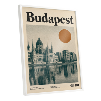 Budapest Amber Horizon, beige, green, orange minimalist wall art shown as a white framed poster wall art print
