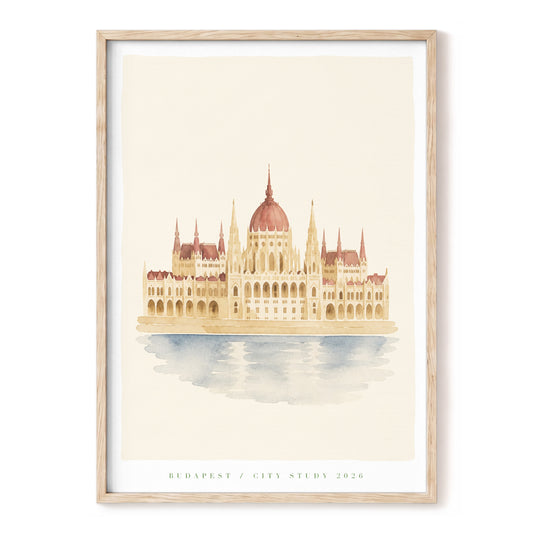 Budapest in Still Water, beige, brown, blue minimalist wall art, front artwork view