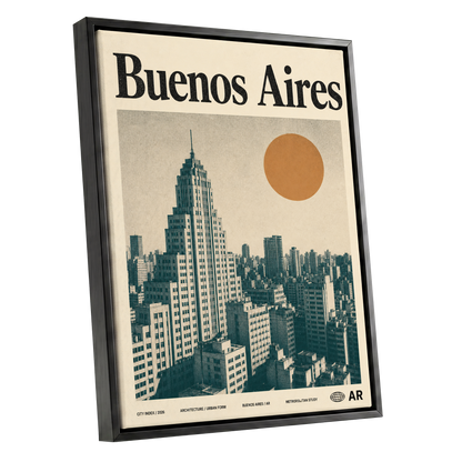 Buenos Aires Skyline, beige, green, orange minimalist wall art shown as a black framed canvas wall art