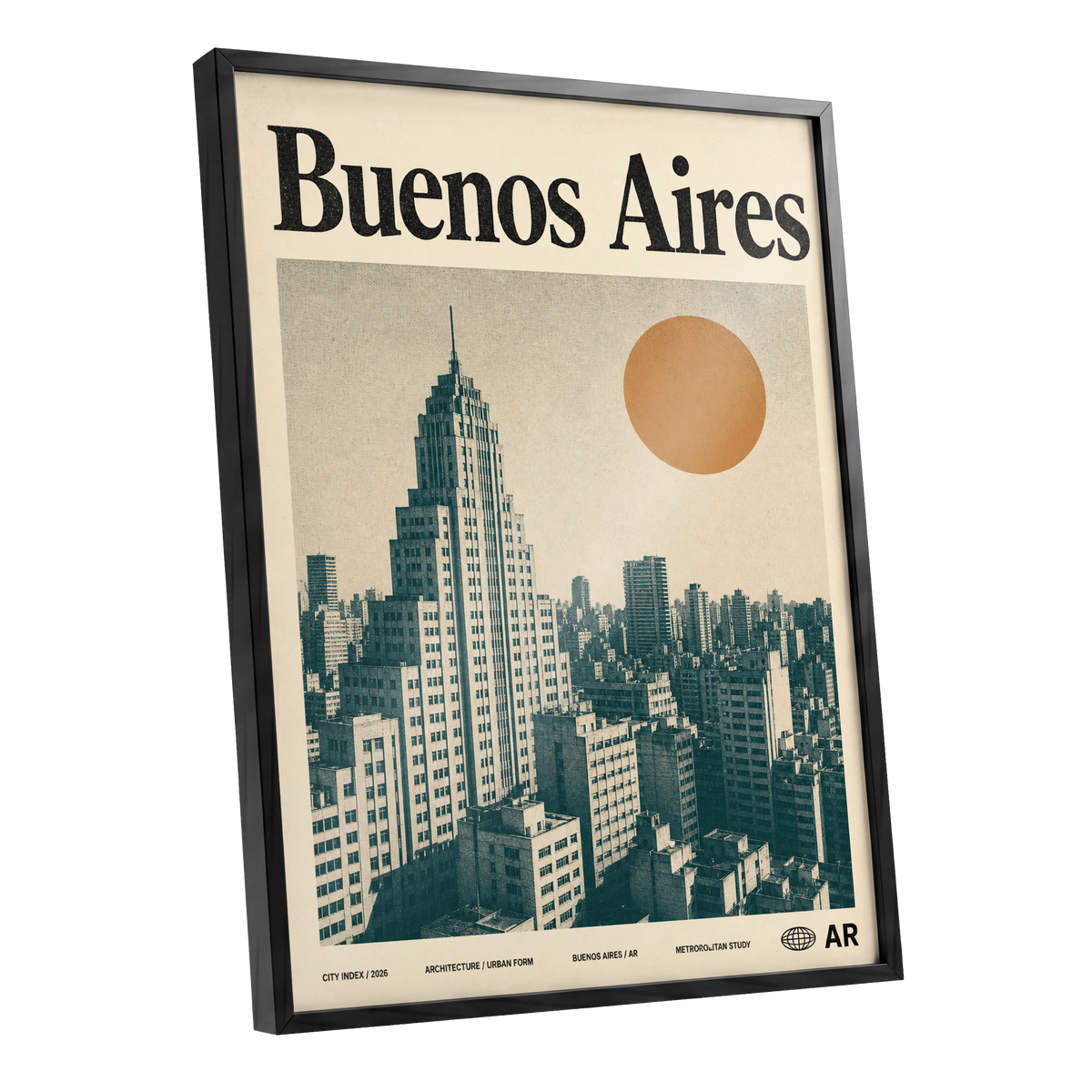 Buenos Aires Skyline, beige, green, orange minimalist wall art shown as a black framed poster wall art print