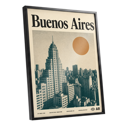Buenos Aires Skyline, beige, green, orange minimalist wall art shown as a black framed poster wall art print