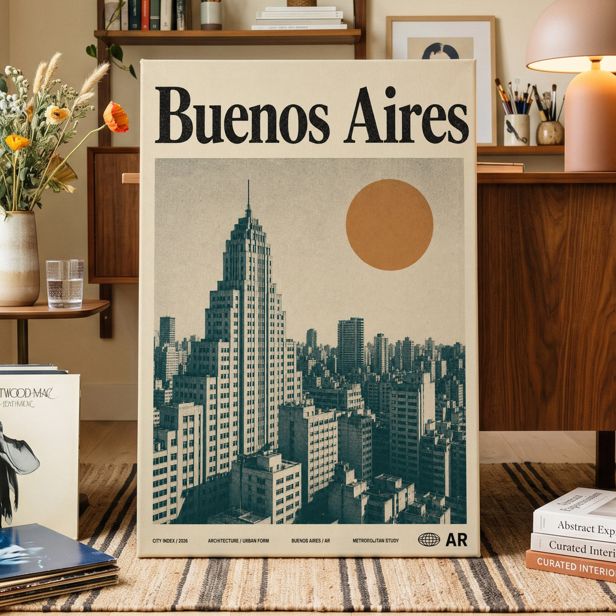 Buenos Aires Skyline, beige, green, orange minimalist wall art on canvas displayed in a styled interior, gallery view 1