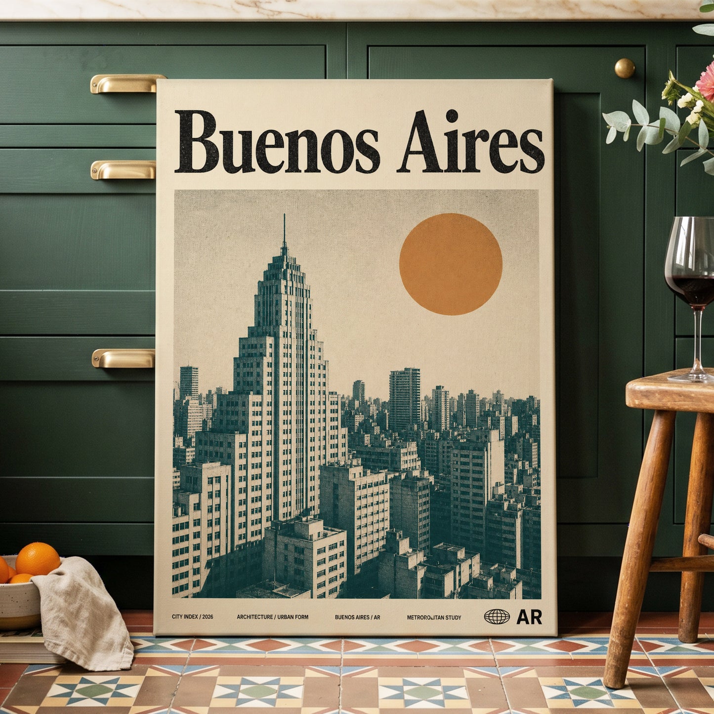 Buenos Aires Skyline, beige, green, orange minimalist wall art on canvas displayed in a styled interior, gallery view 2