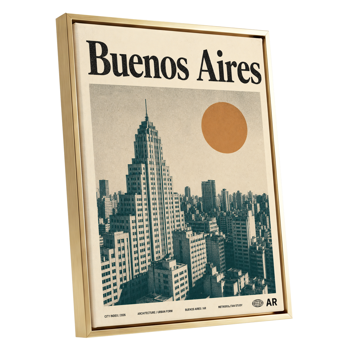 Buenos Aires Skyline, beige, green, orange minimalist wall art shown as a gold framed canvas wall art