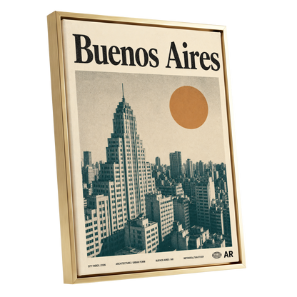 Buenos Aires Skyline, beige, green, orange minimalist wall art shown as a gold framed canvas wall art
