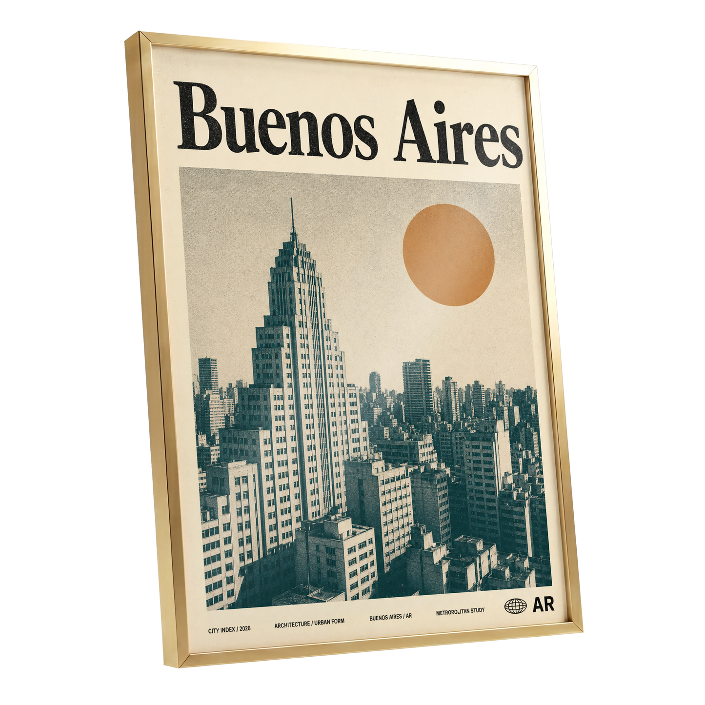 Buenos Aires Skyline, beige, green, orange minimalist wall art shown as a gold framed poster wall art print
