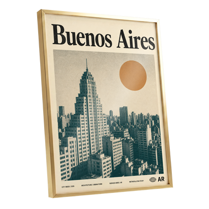 Buenos Aires Skyline, beige, green, orange minimalist wall art shown as a gold framed poster wall art print