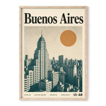 Buenos Aires Skyline, beige, green, orange minimalist wall art, front artwork view