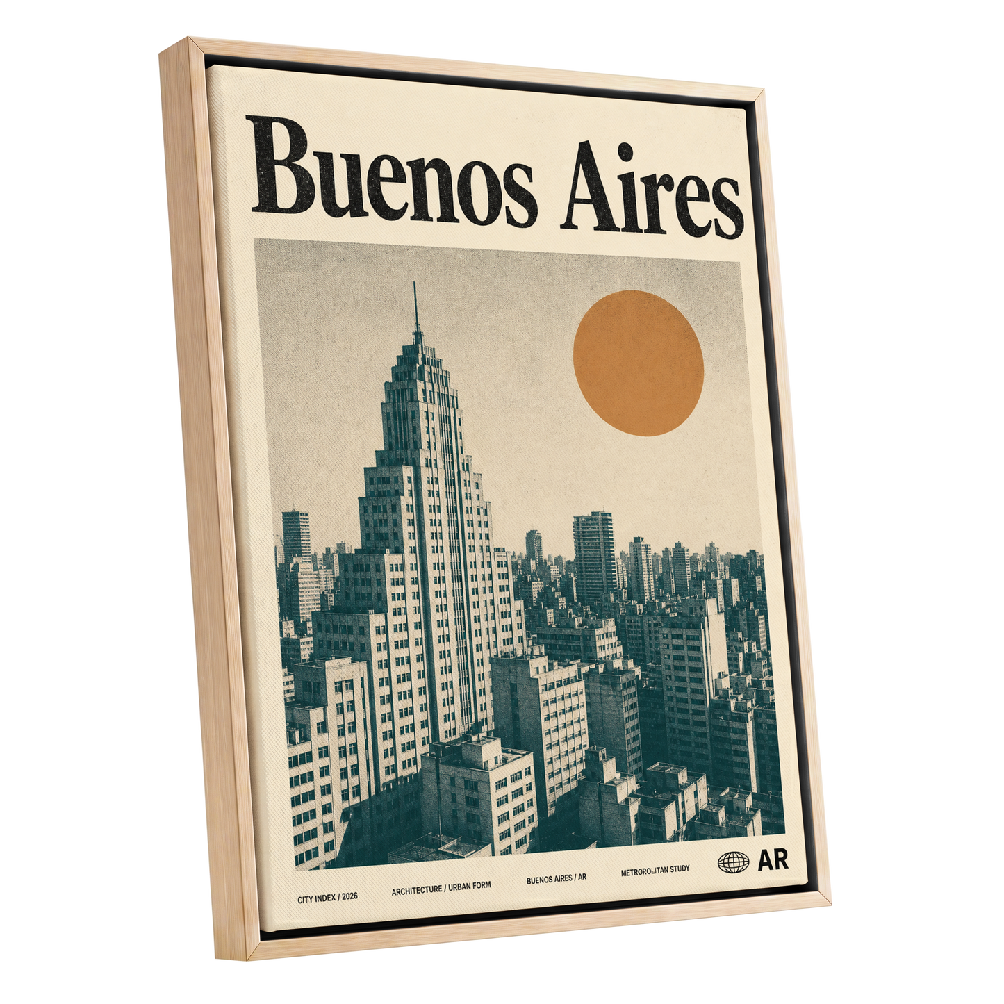Buenos Aires Skyline, beige, green, orange minimalist wall art shown as a oak framed canvas wall art