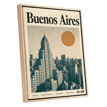 Buenos Aires Skyline, beige, green, orange minimalist wall art shown as a oak framed canvas wall art