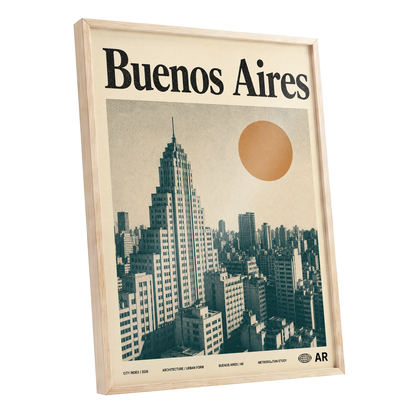 Buenos Aires Skyline, beige, green, orange minimalist wall art shown as a oak framed poster wall art print