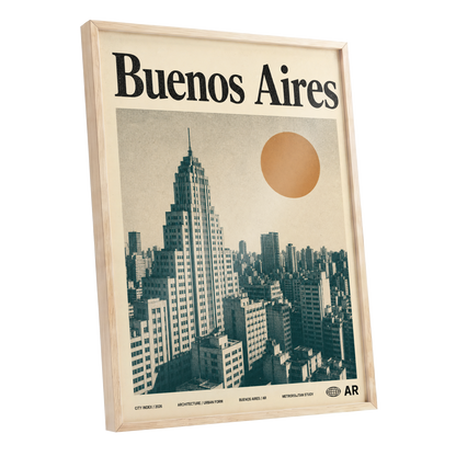Buenos Aires Skyline, beige, green, orange minimalist wall art shown as a oak framed poster wall art print