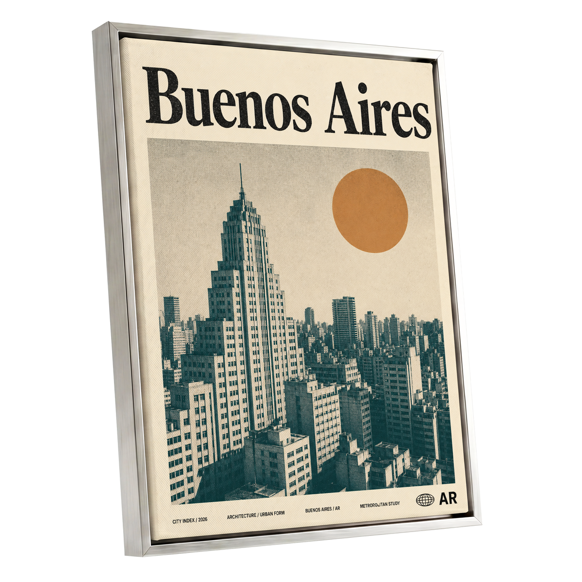 Buenos Aires Skyline, beige, green, orange minimalist wall art shown as a silver framed canvas wall art