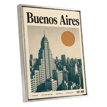 Buenos Aires Skyline, beige, green, orange minimalist wall art shown as a silver framed canvas wall art